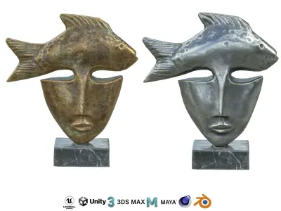 Fish face metal statues Low-poly 3D model
