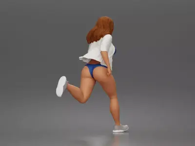 Running woman wearing top and open shirt with sneakers 3D print model