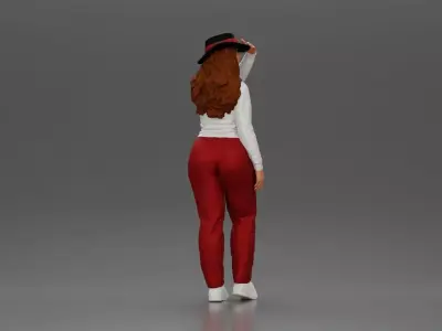 woman in red pants striking stylish pose with hat 3D print model