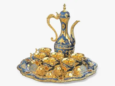 Gold Embossed Arabian Tea Set with Kettle and Cups 3D model