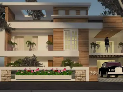 exterior modern house with car parked in front Free 3D model