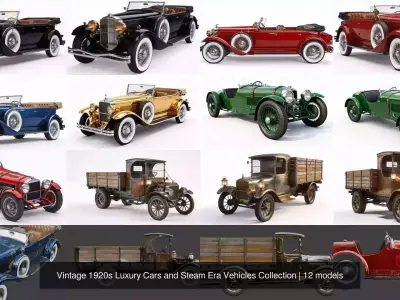 Vintage 1920s Luxury Cars and Steam Era Vehicles Collection 3D Model Pack