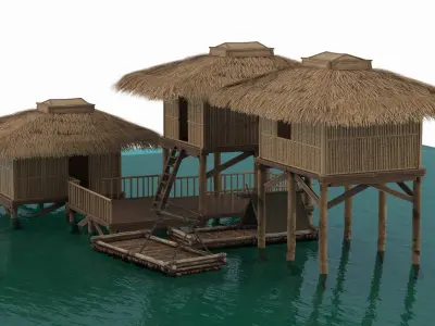  Overwater Bamboo Hut Complex with Decks and Raft 