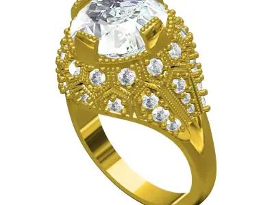 Antique Big Round Diamond Art Deco Style Ring for women 3D print model