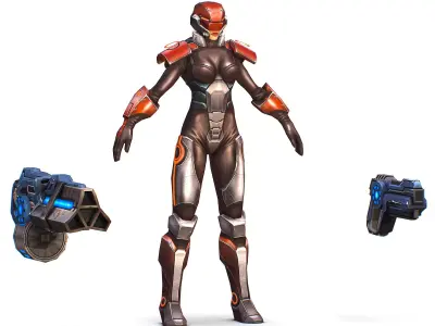 Cartoon Sci-Fi Cyborg Drone Heavy Machine Gunner Low-poly 3D model