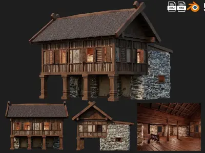 4 Old Medieval Building House Pack 4K Tex GameReady 57 to 60 Low-poly 3D model