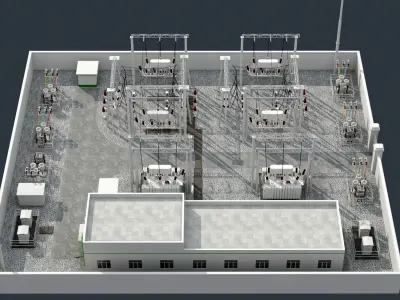 substation power station with wires and poles 3D model