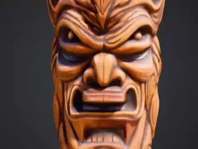 Twisted Wooden Totem with Grotesque Abstract Faces Low-poly 3D model