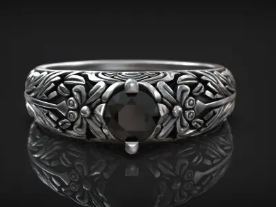 Engagement Solitaire Floral Ornamental Band with Diamond 3D print model