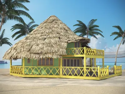 Beach Bungalow with Thatched Roof and Porch on Sand 3D model