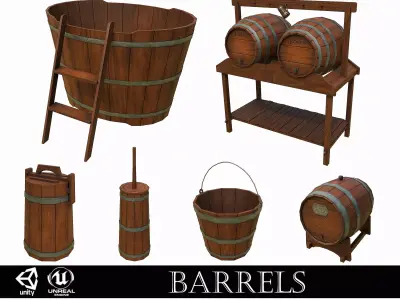 Pack of 6 Medieval Wooden Barrels and Buckets Low-poly 3D model