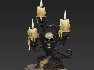Gothic Skull Candelabra Ornate Baroque Triple Candle Holder 3D model