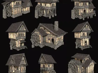  FANTASY WATERMILL MEDIEVAL BUILDING HOUSE HUT TOWN COLLECTION Low-poly 3D model