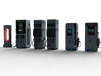 Set of fuel pumps and electric charging point 3D model