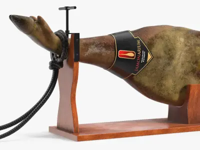 Iberico Ham Leg on Wooden Carving Stand 3D model