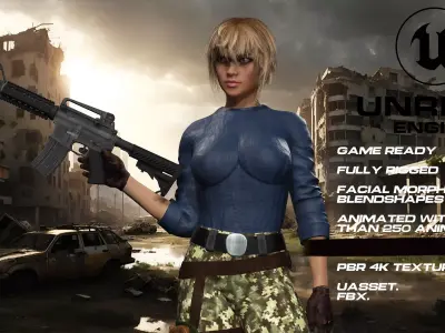 female soldier full rigged - game ready - animated Low-poly 3D model