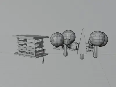 Low Poly Train Model AND TRESS BUS STOP TRAFIC LIGHT DUST BIN Low-poly 3D model