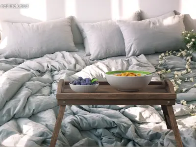 Bowl of Corn Flakes with Milk and Blueberries on Bed Tray 3D model