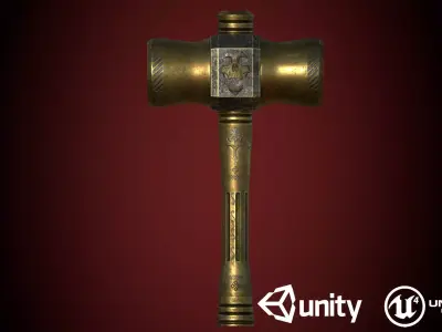 Medieval Golden Battle Hammer Low-poly 3D model