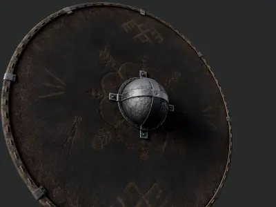 Slavic round leather shield-painted black with pagan symbol Low-poly 3D model