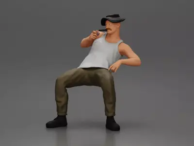 Man in hat smoking pipe leaning back with cool style 3D print model