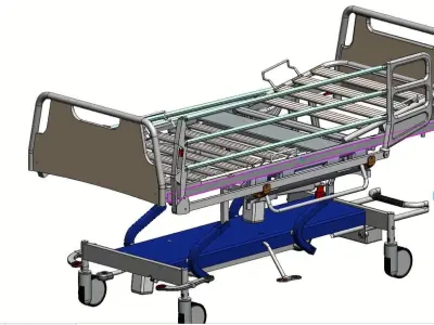 Hospital Adjustable Bed with Side Rails and Swivel Casters 3D model