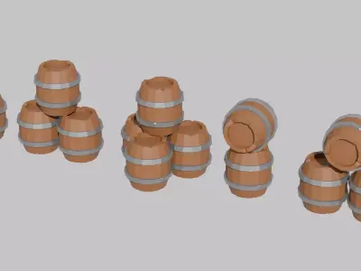 Low Poly Wooden Barrels Set Low-poly 3D model