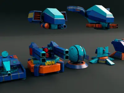 Stylized turret and jet Low-poly 3D model