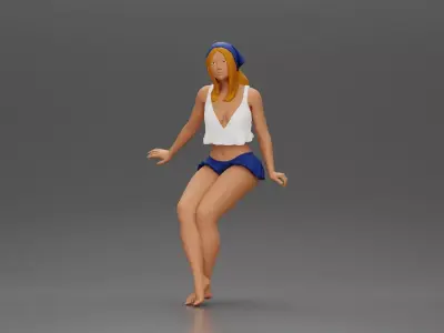 Stylish woman sitting casually in a white top and blue skirt 3D print model