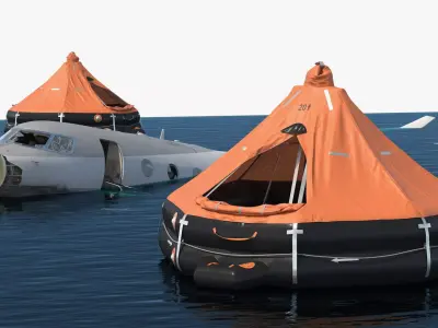 Crashed Jet Fuselage with Life Rafts 3D model