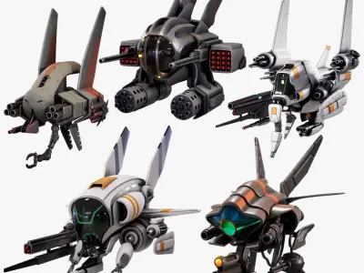 Sci-Fi Drones Low Poly Futuristic Package 5 Items 3D model