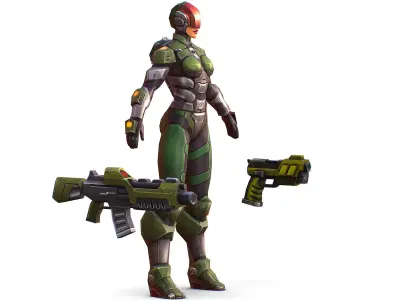 Sci-FI Woman Cyborg Soldier with Rifle and Pistol  Low-poly 3D model