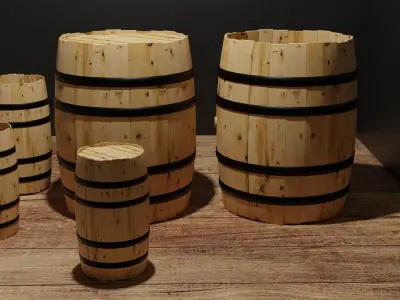 Multiple Wooden Barrels Low-poly 3D model