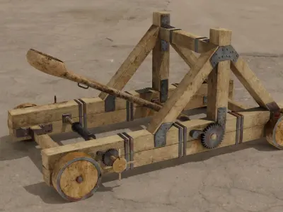 Catapult PBR 4K wooden cart Low-poly 3D model
