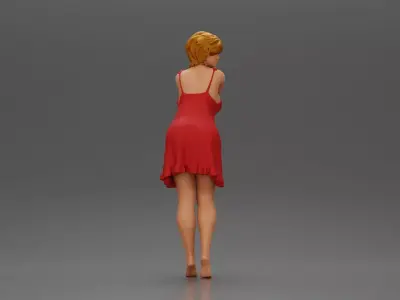 Barefoot woman in red nighty dress strikes graceful elegant pose 3D print model