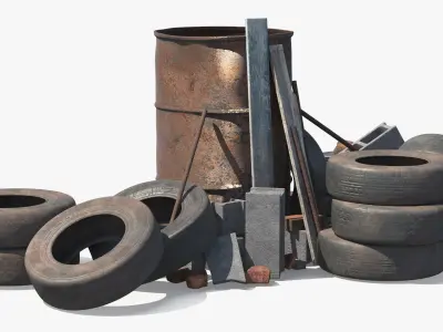 Rusty Barrel With Tires And Rubble 3D model