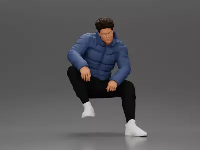 performer crouching in puffer jacket athletic stance setting 3D print model
