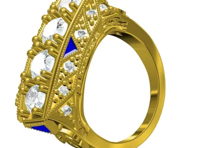 Four Diamond Antique Art Deco Style Ring 3D print model