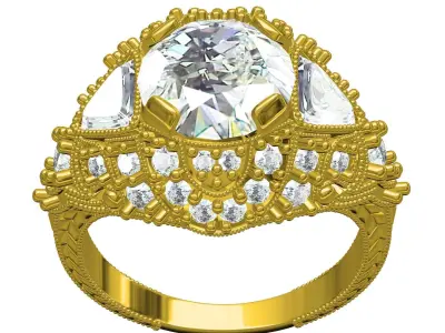 Antique Art Deco Round and Trillion Diamond Engagement Ring 3D print model