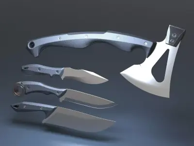 Hunting and combat modern knife and axe pack x4 3D Model Collection