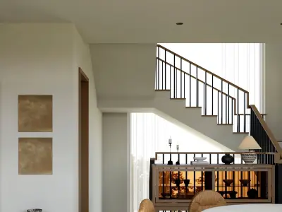 Creamy Vintage Villa Living and Dining Room Interior Scene 3D model