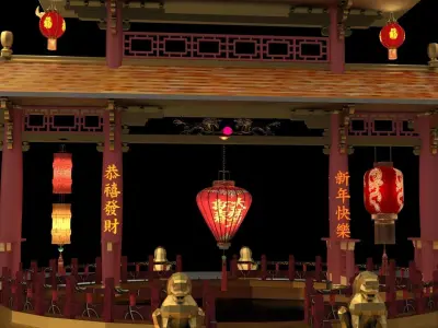 Chinese ancient gate with red lanterns 3D model