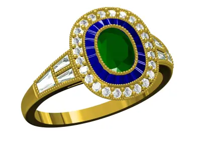 Antique Green Sapphire Oval and Diamond Halo Engagement Ring 3D print model