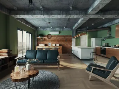 Modern Industrial Loft Living Room And Kitchen Scene 3D model