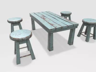 Old Stool and Table Low-poly 3D model
