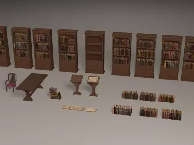 Bookcases library with bookshelves and chairs Low-poly 3D model