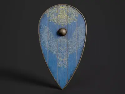 Slavic kite wooden shield-painted blue with owl symbol Low-poly 3D model