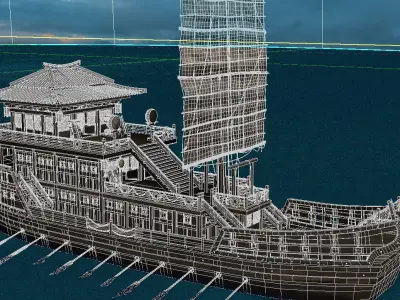 Ancient Chinese warships and sailboats at sunset 3D model