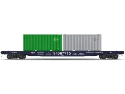 Train wagon flatcar with 20ft containers 3D model