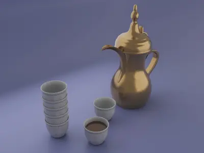 Dallah  golden Arabic coffee pot and Finjan cups 3D model